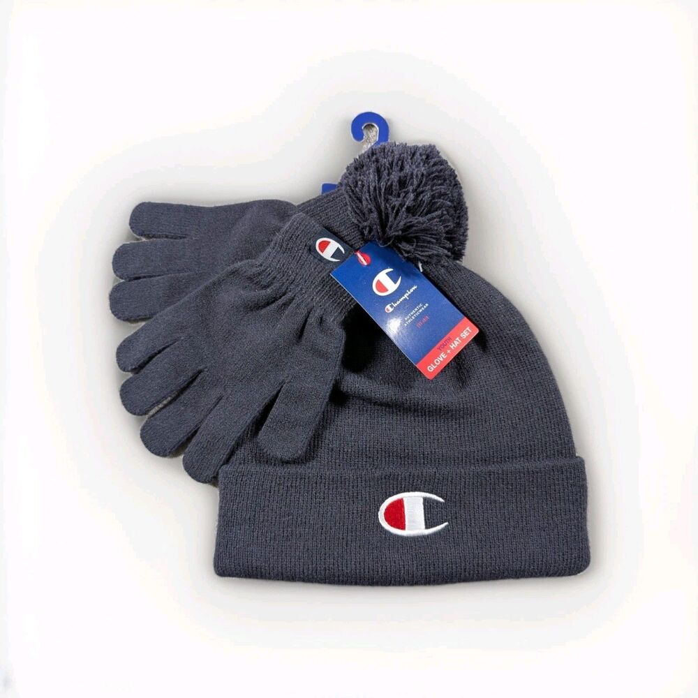 Champion Youth Blue Beanie Gloves Set Knit Logo Winter Cold Weather Unisex Kids